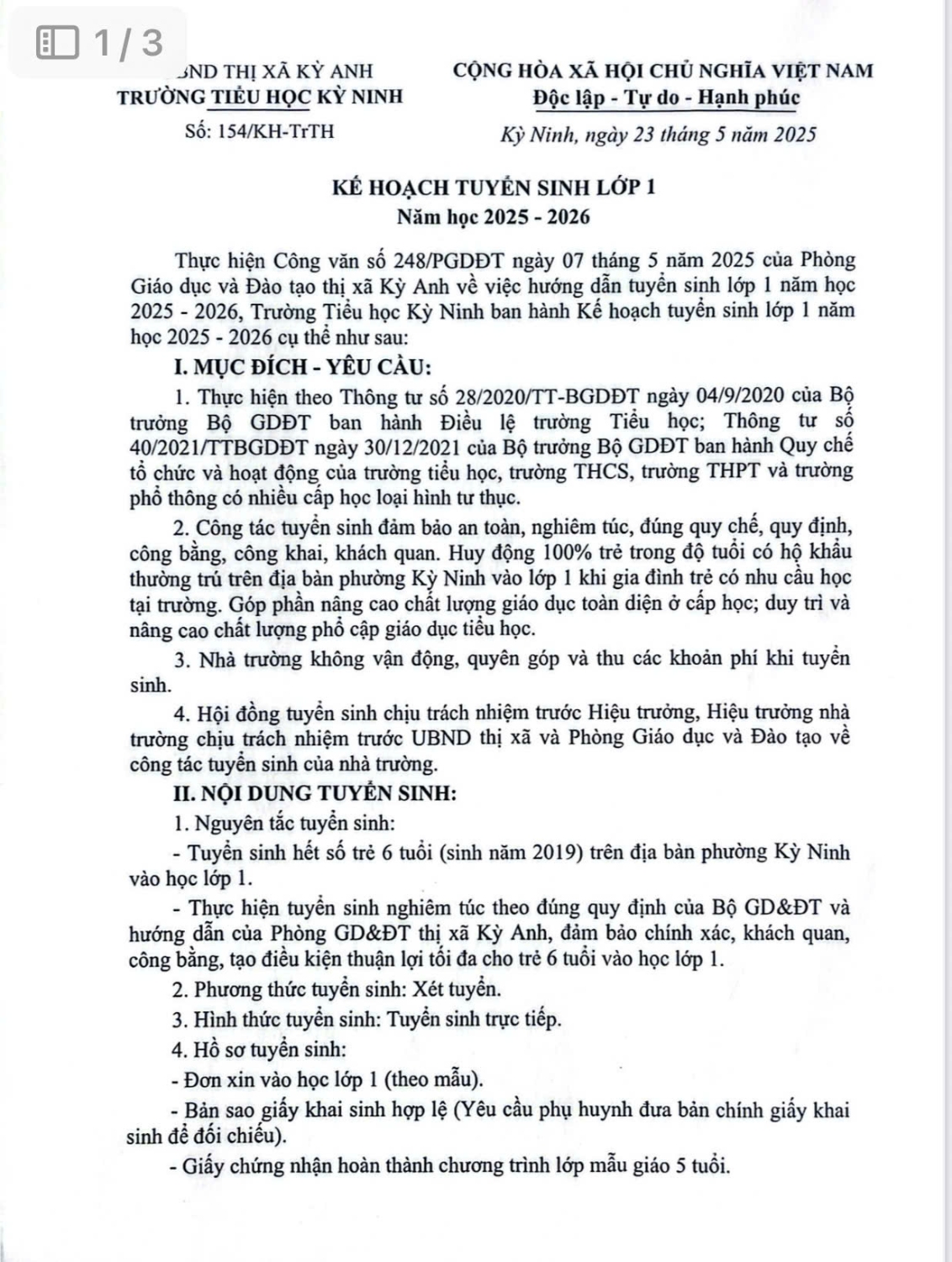 TRƯỜNG TIỂU HỌC KỲ NINH TRIỂN KHAI KẾ HOẠCH TUYỂN SINH LỚP 1 NĂM HỌC 2025 - 2026